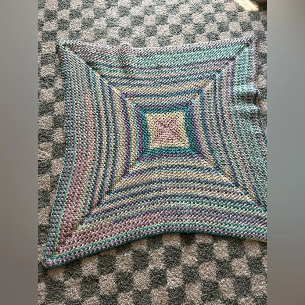 VTG 70s Afghan Blanket Crochet Hippie Boho Multi Color Handmade Blue Pink Cream